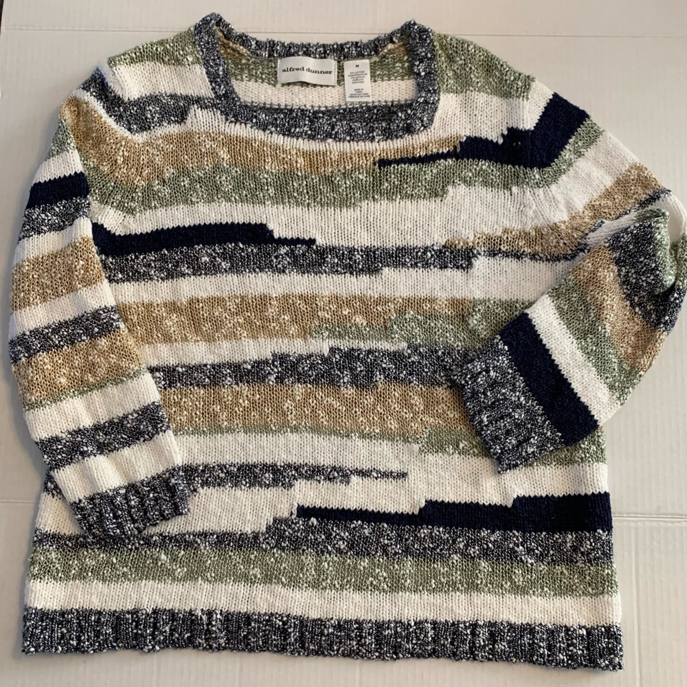 Alfred Dunner soft blue, tan, and white long sleeve sweater. Size M. NWOT.